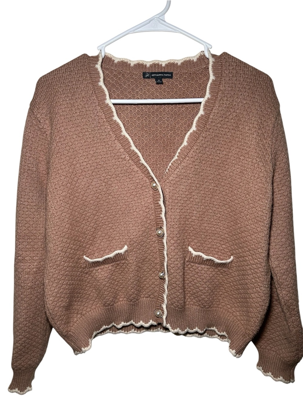 Adrianna Papell Tan Ruffle-Trim V-Neck Cardigan Sweater Fall Casual Versatile